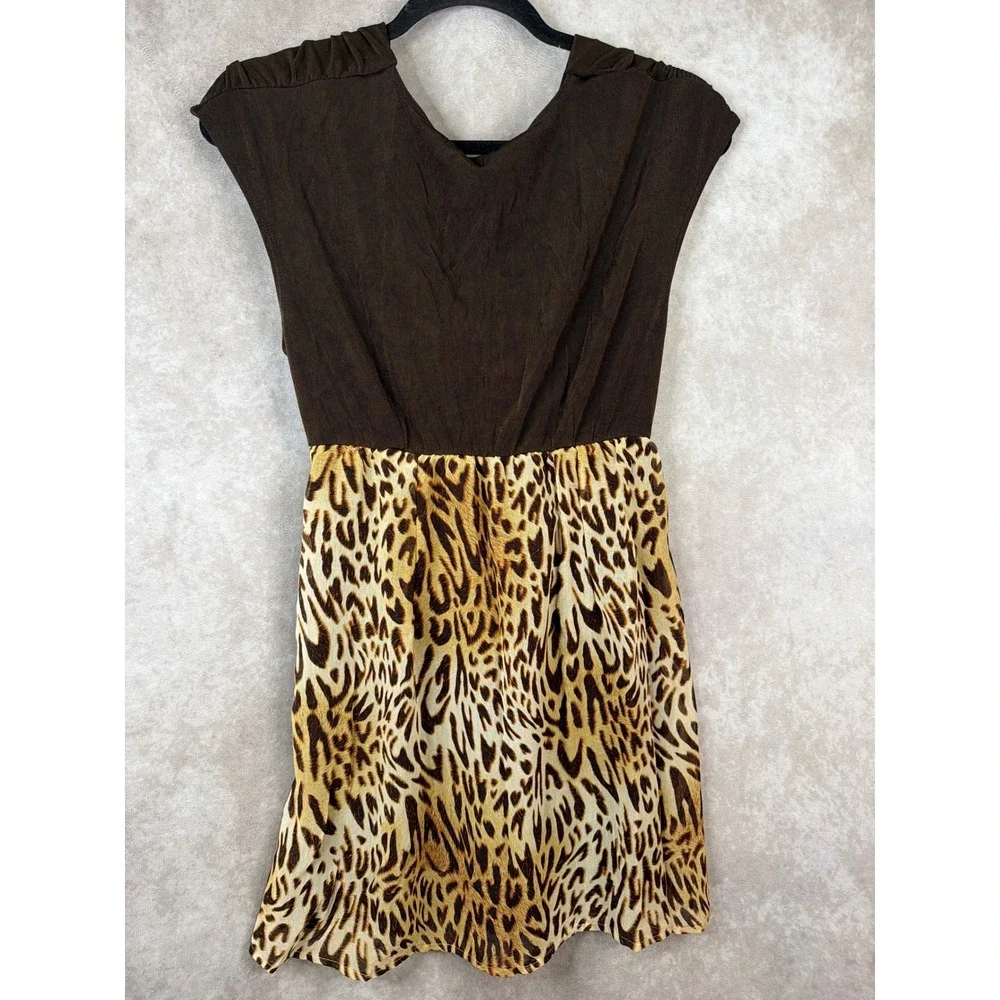 NWT Y2K Citiknits Women's Brown Leopard Print Faux Wrap Mini Dress/Tunic Size M‎